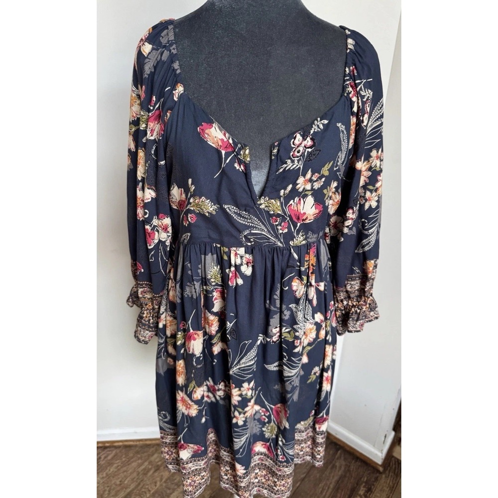 Boho Floral Babydoll Mini Dress L Navy Cottagecore Spring Festival Fairy - Picture 10 of 16